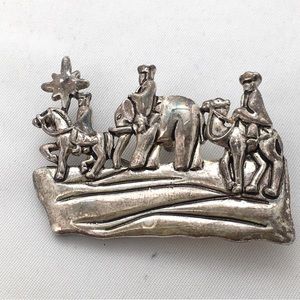 Vintage MJ Three Wisemen Silver Plate Christian Brooch